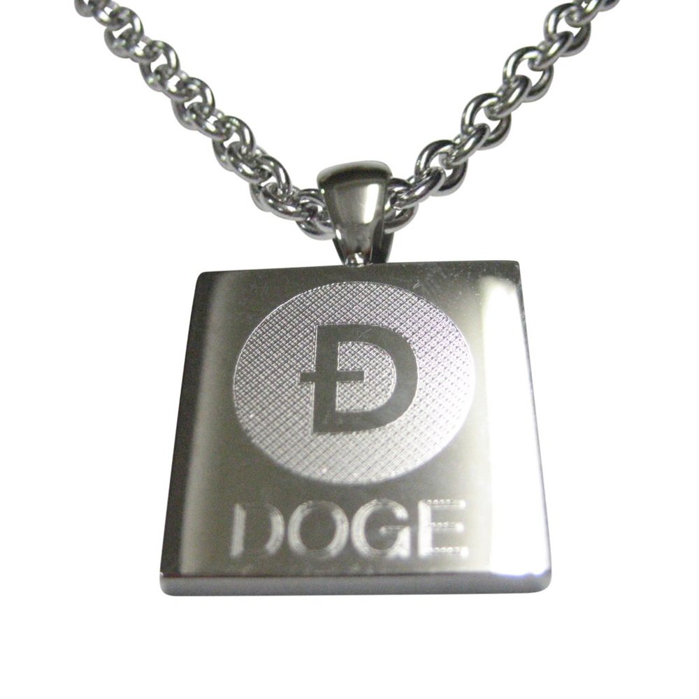 Silver Toned Square Etched Doge Coin Cryptocurrency Blockchain Pendant Necklace